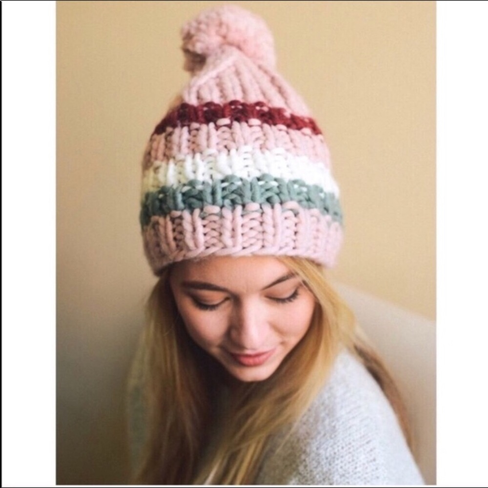 Soft Blush Cable Knit Hat With Pom